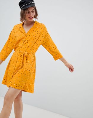 Monki Polka Dot Mini Shirt Dress In Yellow-Orange