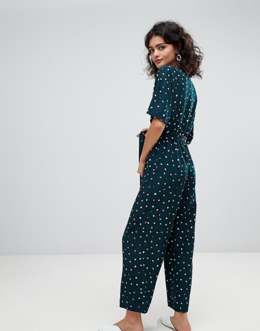 Monki Polka Dot Wide Leg Jumpsuit In Green Asos