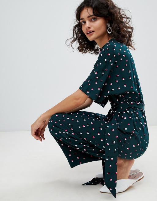 Monki Polka Dot Wide Leg Jumpsuit In Green Asos