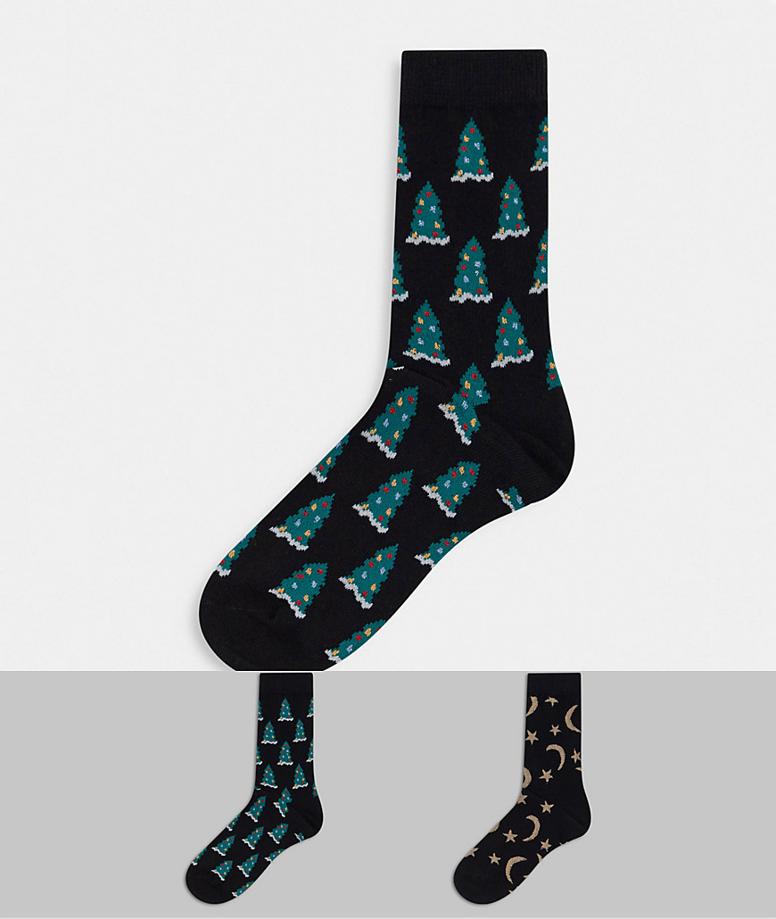 Monki Polly 2 pack organic blend cotton Christmas tree and moon and star socks in black