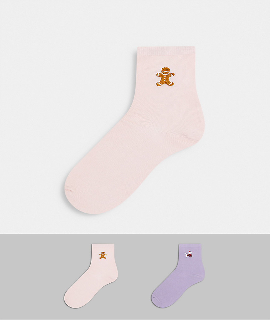 Monki Polly 2 pack organic blend cotton embroidered socks in pink and lilac