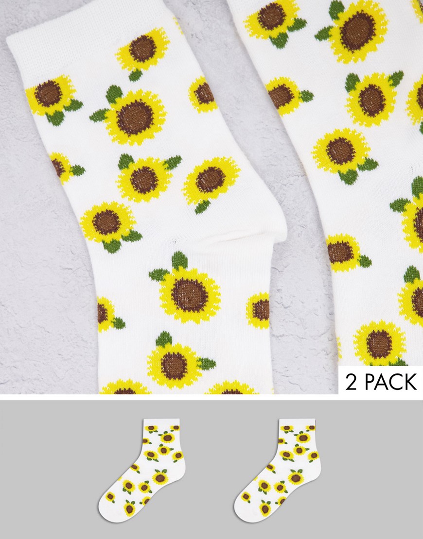 Monki Polly 2 pack organic blend cotton sunflower print socks in white