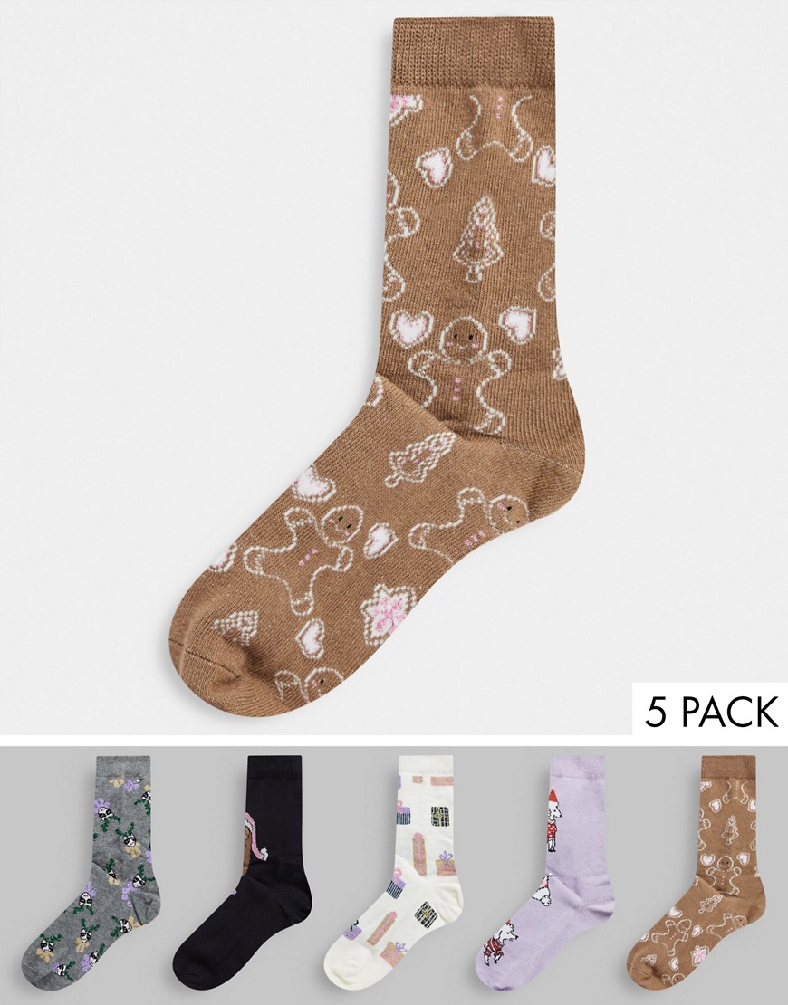 Monki Polly 5 pack organic blend cotton Christmas socks in multi