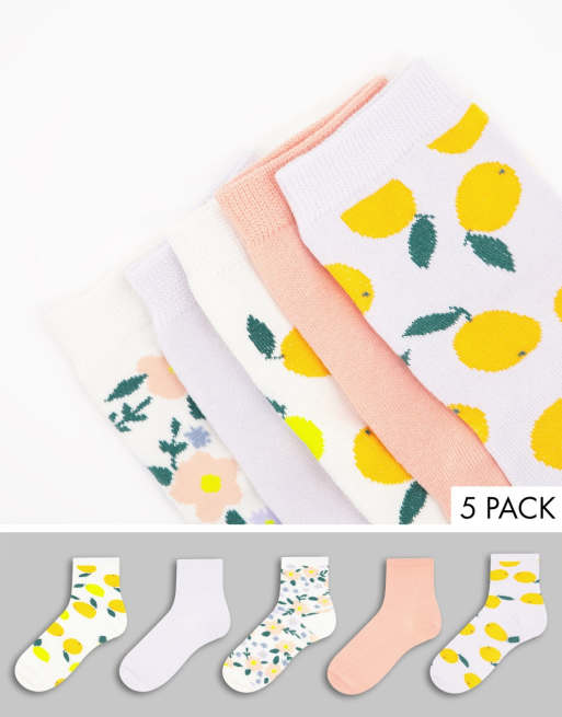Monki - Polly - Confezione da 5 calzini di cotone con stampa frutti multicolore - MULTI