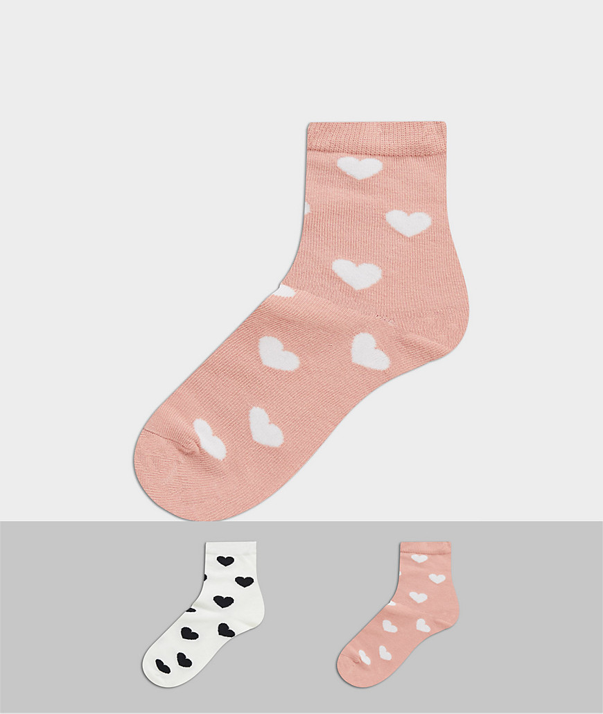 Monki Polly organic blend cotton 2 pack heart print socks in pink and white-Multi