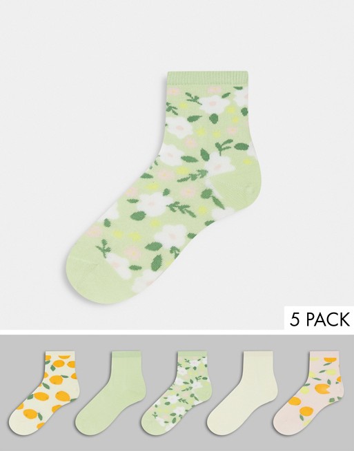 Monki Polly organic cotton 5 pack floral and fruit print socks in multi