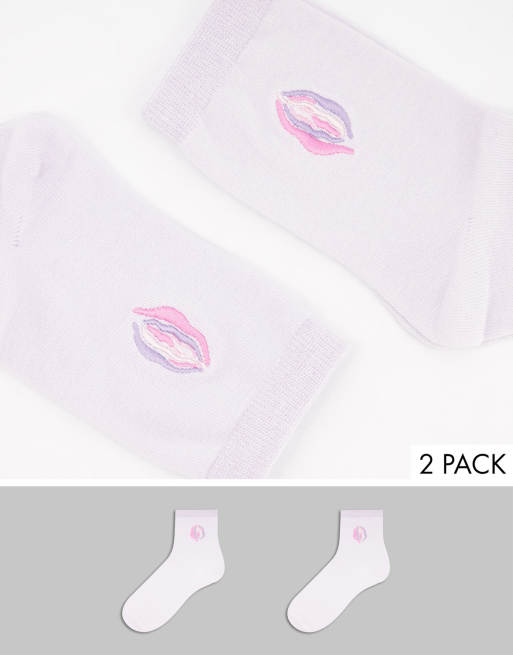 Monki – Polly – Rosa strumpor i bomullsmix med broderi, 2-pack - ROSA