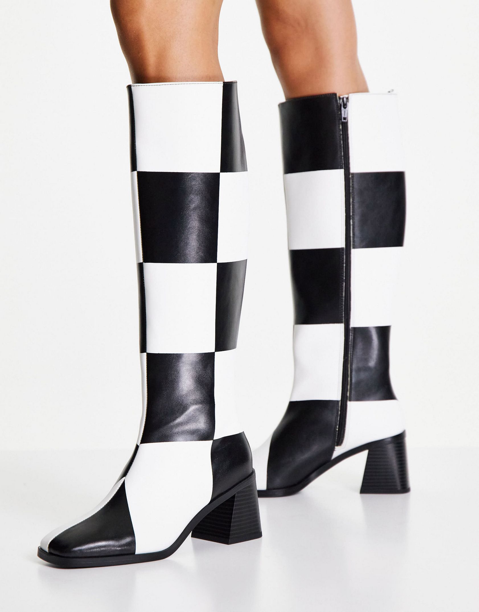 Monki Polly vegan checkerboard knee high heeled boots in black