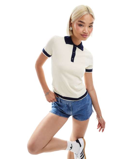 Monki - Polo a maniche corte in maglia beige e blu navy