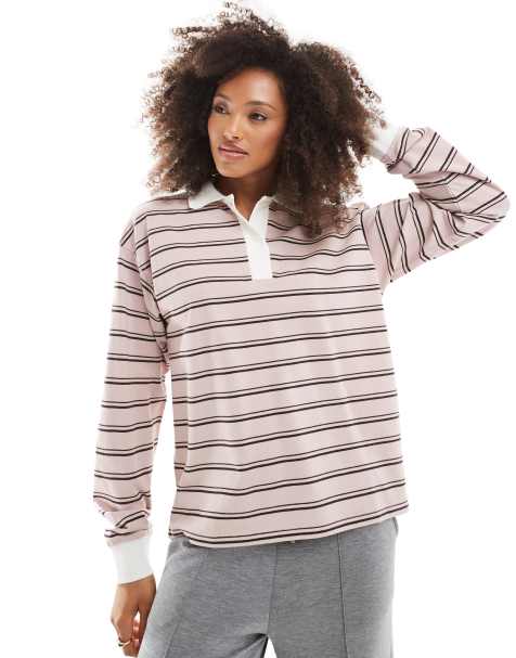 Monki - Polo a maniche lunghe stile rugby rosa e marrone a righe - view 1