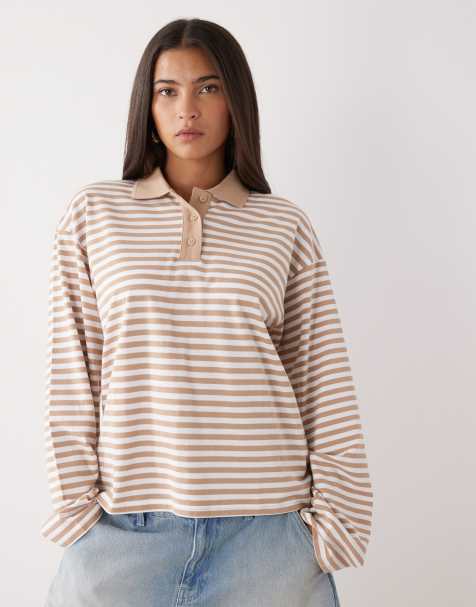 Monki - Polo stile rugby oversize a maniche lunghe beige a righe bianche - view 1