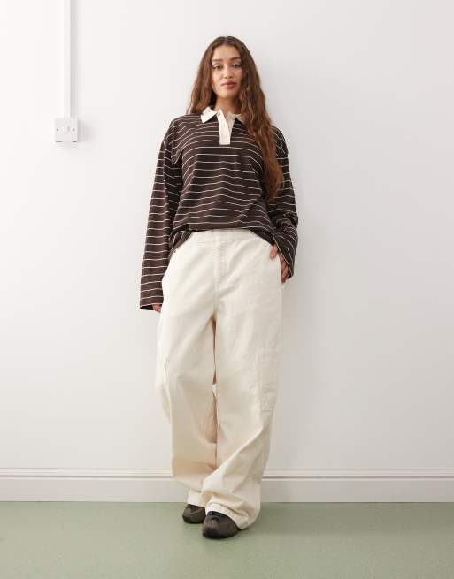 Monki - Polo stile rugby oversize a maniche lunghe marrone a righe, 2 di 4
