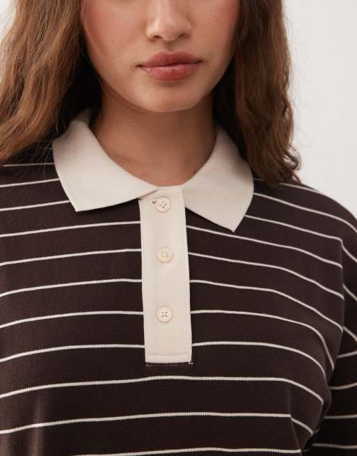 Monki - Polo stile rugby oversize a maniche lunghe marrone a righe, 3 di 4