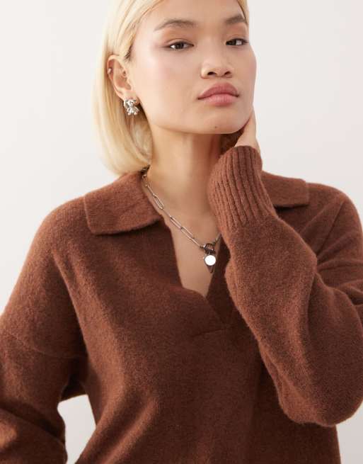 Monki – Polo-Strickpullover in Schokobraun, 3 von 4