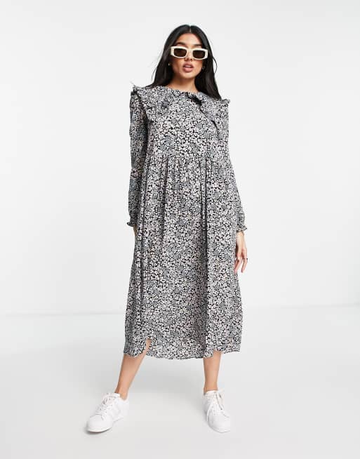 Monki polyester floral print big collar dress in multi - MULTI