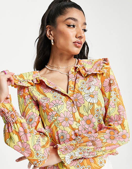 tryllekunstner Sandet det er smukt Monki polyester frill collar shirt in retro floral print - MULTI | ASOS