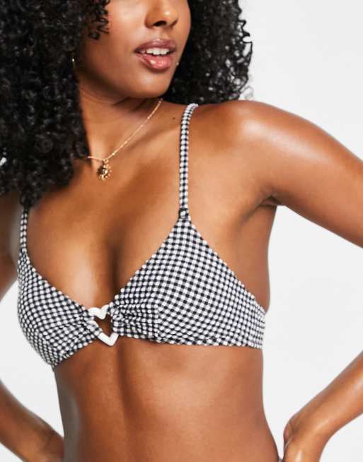 Monki polyester heart ring bikini top in black gingham - BLACK, 3 of 4