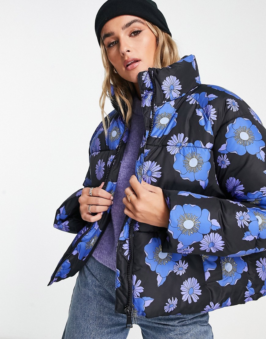 Monki Polyester Padded Jacket In Black And Blue Floral