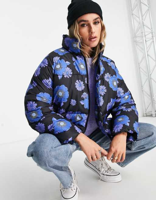 Monki polyester padded jacket in black and blue floral ASOS