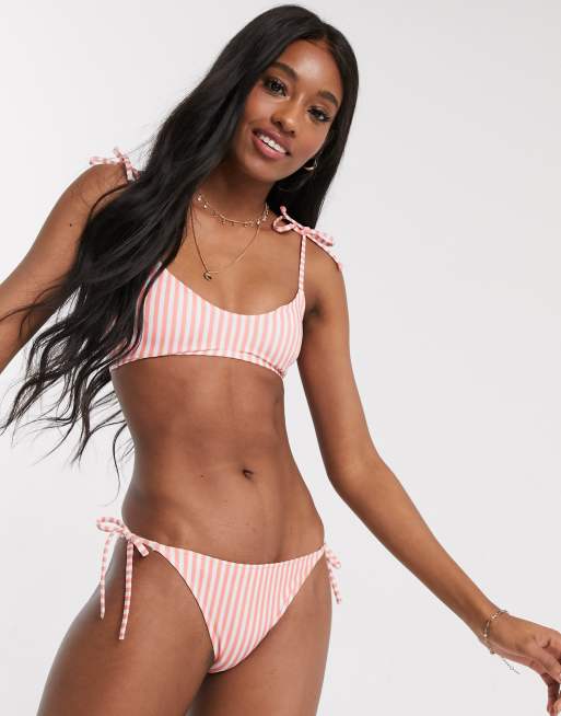 Monki polyester tie strap bandeau bikini top in pink and white stripe