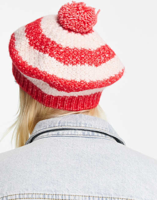 Pink with red pompom beret Coral Cotton Pompom Beret, Soft Knitted Vegan Tam, Pink Mix  main image 2