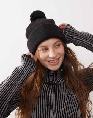 Monki Monki pom pom knitted beanie in black