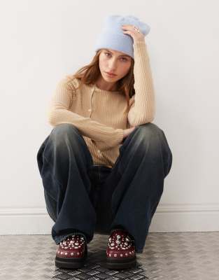 Monki Pom Pom Knitted Beanie In Blue