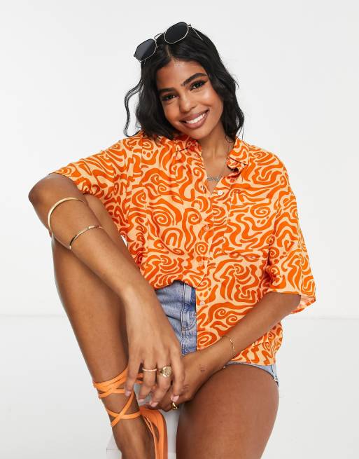 Monki – Pomarańczowa koszula oversize z nadrukiem w esy-floresy – ORANGE