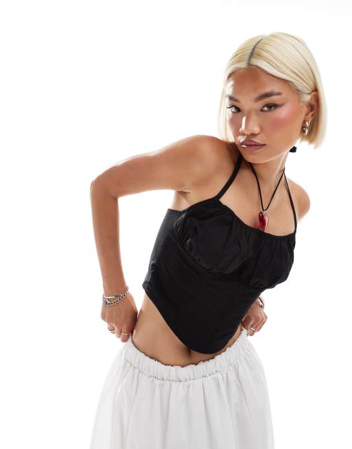 Monki – Popelinowy czarny gorset o dopasowanym kroju z szerokimi ramiączkami i kwadratowy dekoltem typu halter