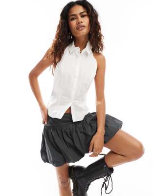 Monki Poplin Button Front Halterneck Sleeveless Shirt In White