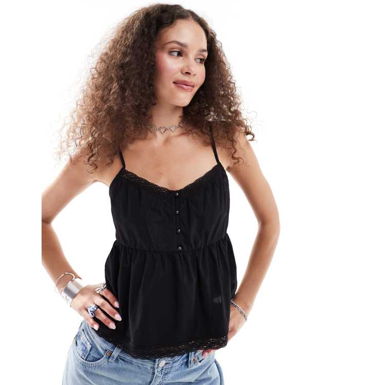 Monki poplin lace trim cami top with peplum hem in black | ASOS
