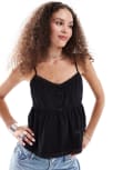 [Monki] Monki poplin lace trim cami top with peplum hem in black XS BLACK