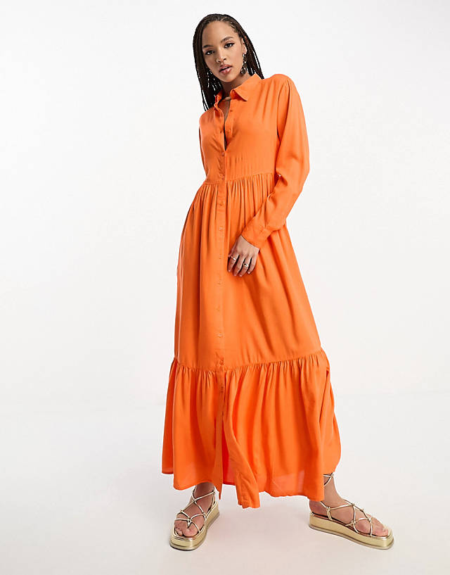 Monki poplin maxi shirt dress in orange
