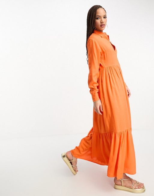 orange maxi shirt dress KASI Classic Maxi Shirt Dress in Orange
