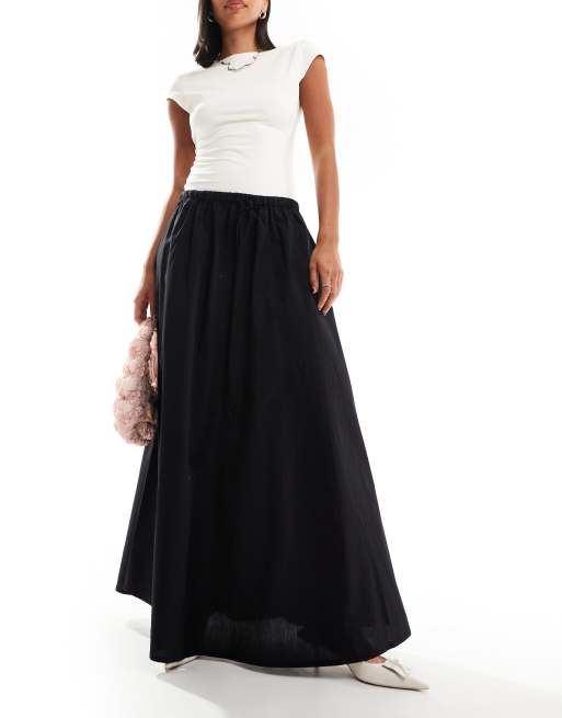 Monki poplin maxi skirt with drawstring waist in black