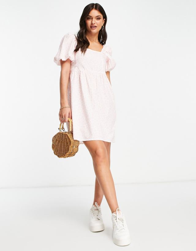 Monki poplin mini dress with puff sleeves in pink floral print