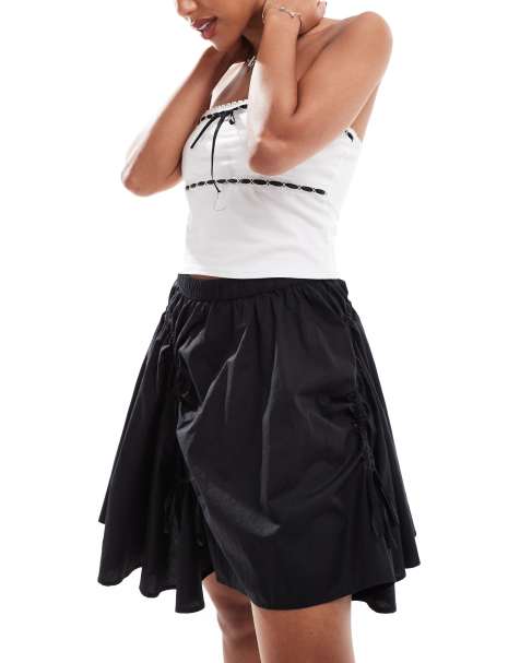Monki poplin mini skirt with drawstring ruched details in black - view 1