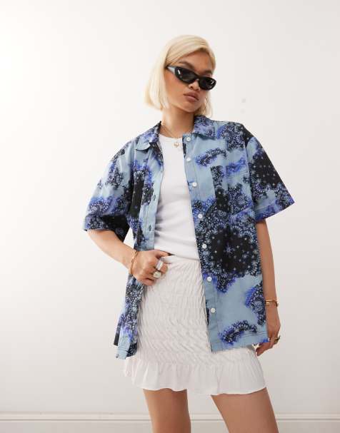 Monki poplin short sleeve shirt in blue scarf print (part of a set) - view 1