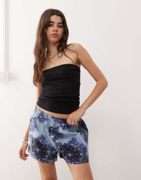 Monki poplin shorts in blue scarf print