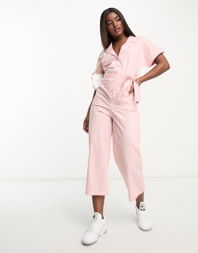 Monki poplin tie waist jumpsuit in pink