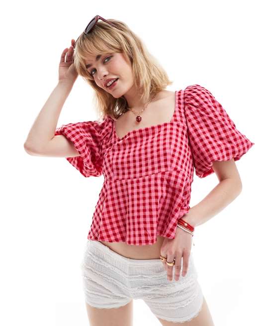 Monki puff short sleeve square neck broderie anglaise top in pink and red gingham