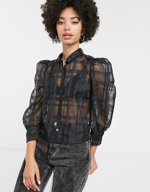 Monki puff sleeve check organza blouse in black