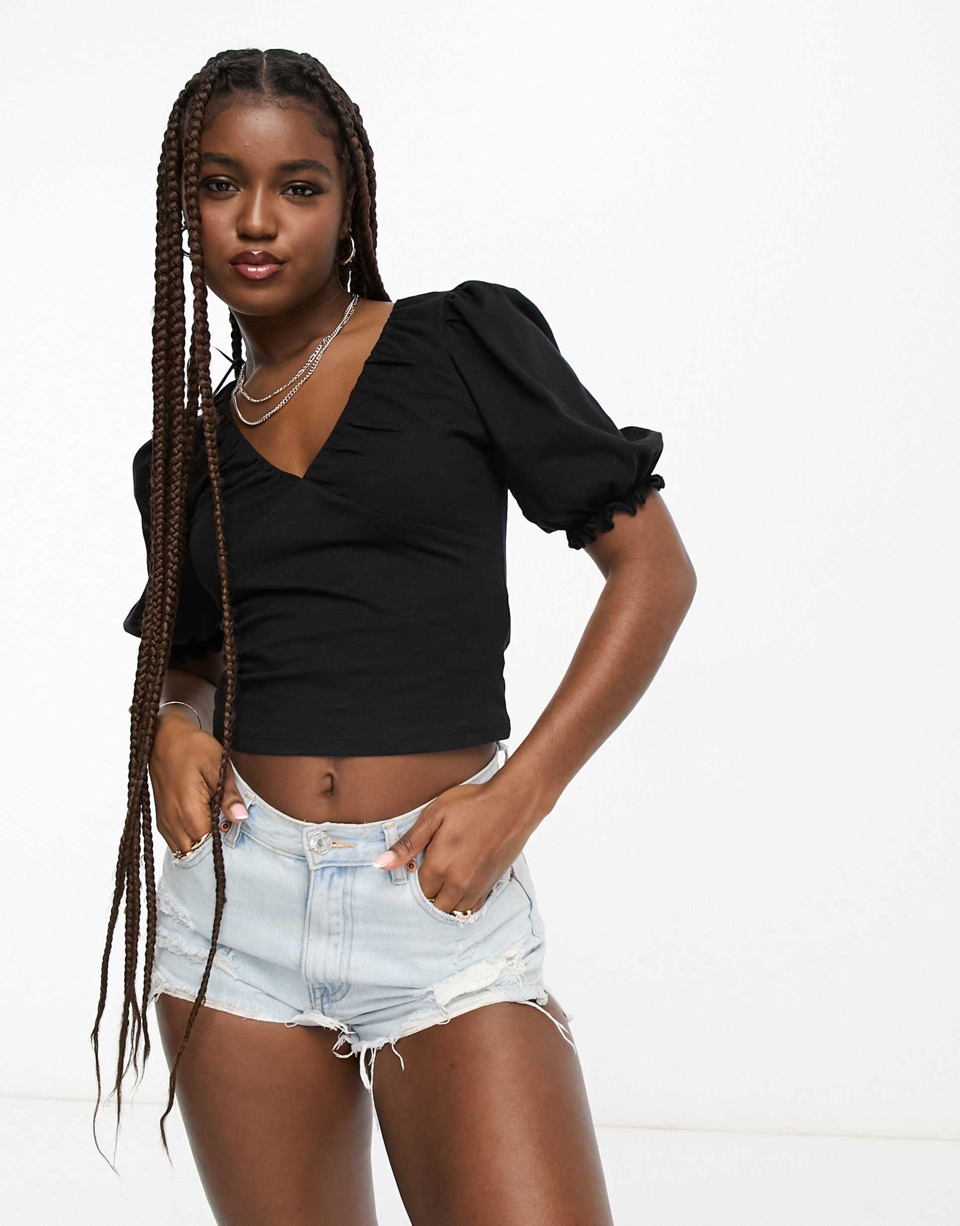 monki puff sleeve deep v top in black