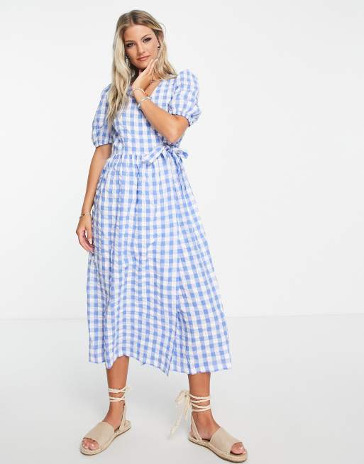 Monki puff sleeve midi wrap dress in blue gingham ASOS