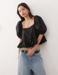 [Monki] Monki puff sleeve milkmaid peplum blouse in black XL Black