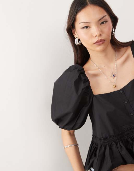 Monki puff sleeve milkmaid peplum blouse in black | ASOS