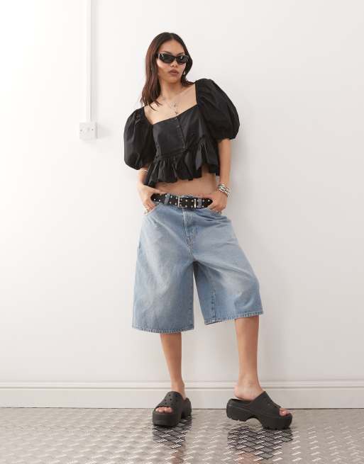 Monki puff sleeve milkmaid peplum blouse in black, 3 of 4