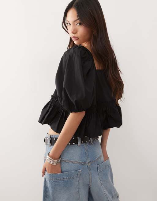 Monki puff sleeve milkmaid peplum blouse in black | ASOS