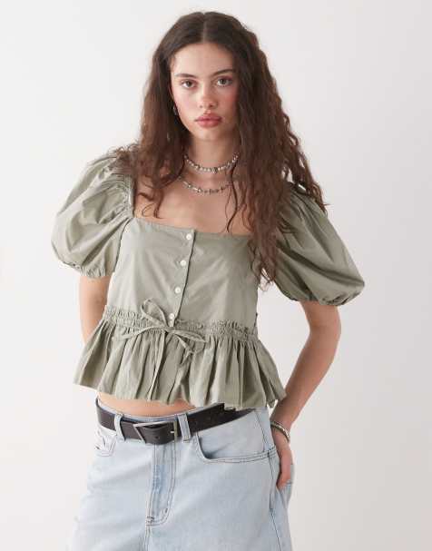 Monki puff sleeve milkmaid peplum blouse in khaki - view 1