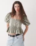 [Monki] Monki puff sleeve milkmaid peplum blouse in khaki-Green XS Khaki